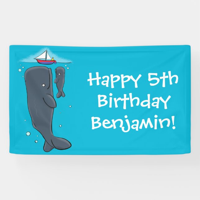 Cute whales and sailing boat cartoon illustration banner (Horizontal)