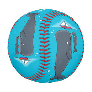 Cute whales and sailing boat cartoon illustration baseball