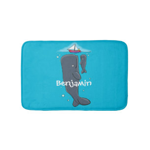 Cute whales and sailing boat cartoon illustration bath mat