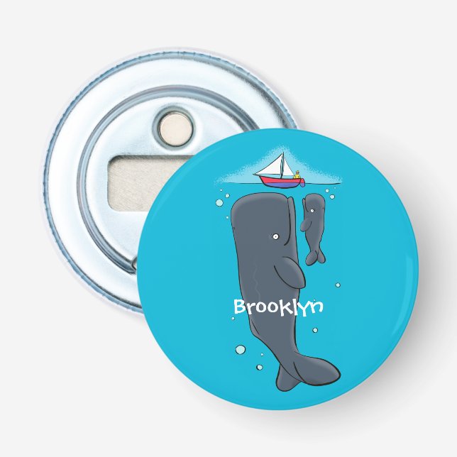 Cute whales and sailing boat cartoon illustration bottle opener (Front)