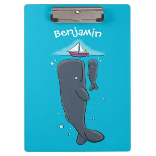 Cute whales and sailing boat cartoon illustration clipboard