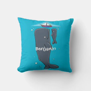 Cute whales and sailing boat cartoon illustration cushion
