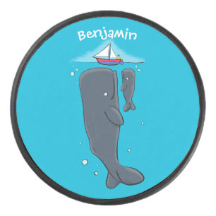 Cute whales and sailing boat cartoon illustration hockey puck