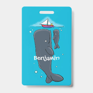 Cute whales and sailing boat cartoon illustration ID badge