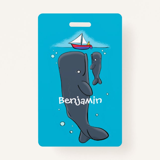 Cute whales and sailing boat cartoon illustration ID badge (Front)