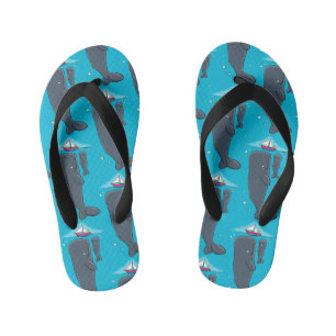 Cute whales and sailing boat cartoon illustration kid's thongs