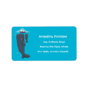 Cute whales and sailing boat cartoon illustration label