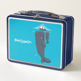Cute whales and sailing boat cartoon illustration metal lunch box