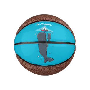 Cute whales and sailing boat cartoon illustration mini basketball