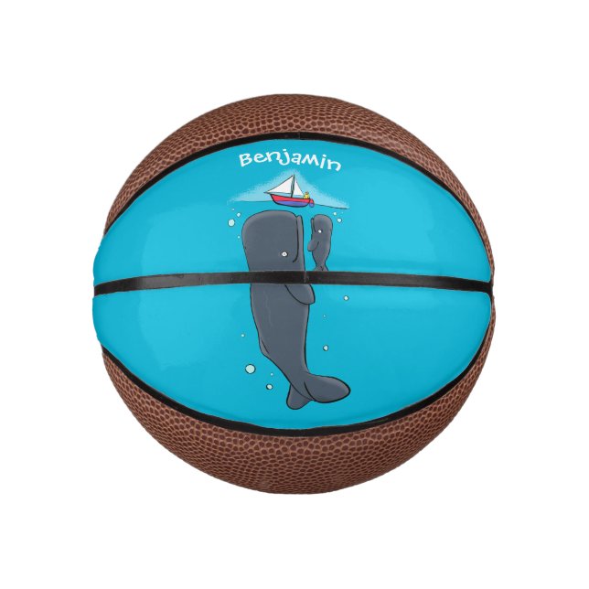 Cute whales and sailing boat cartoon illustration mini basketball (Front)