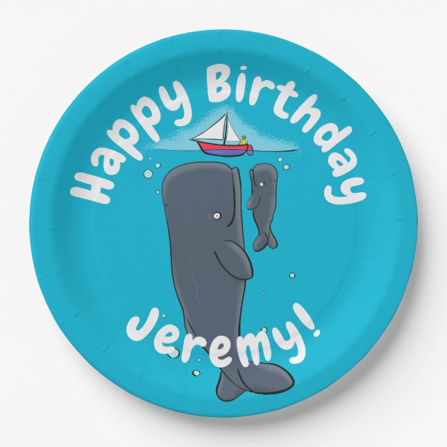 Cute whales and sailing boat cartoon illustration paper plate (Front)