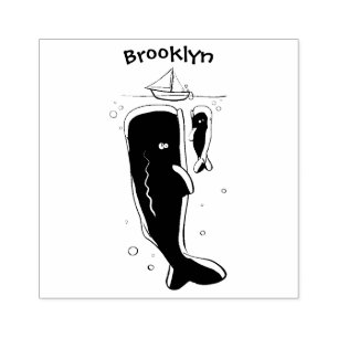 Cute whales and sailing boat cartoon illustration  rubber stamp