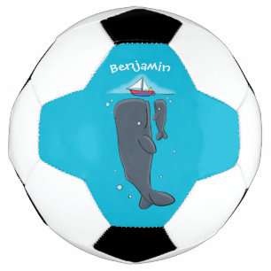 Cute whales and sailing boat cartoon illustration soccer ball