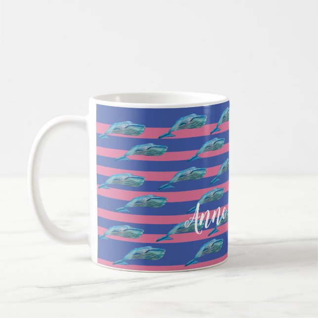 Cute Whales Fish Art Pink Stripes Custom  Coffee Mug (Left)