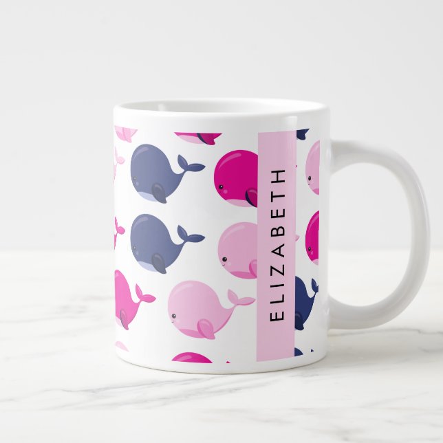 Cute Whales, Pattern Of Whales, Your Name Large Coffee Mug (Right)