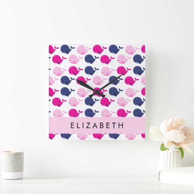 Cute Whales, Pattern Of Whales, Your Name Square Wall Clock (Home)