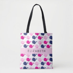 Cute Whales, Pattern Of Whales, Your Name Tote Bag