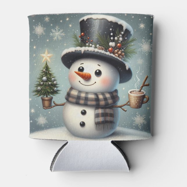Cute whimiscal Christmas/winter snowman Can Cooler (Front)