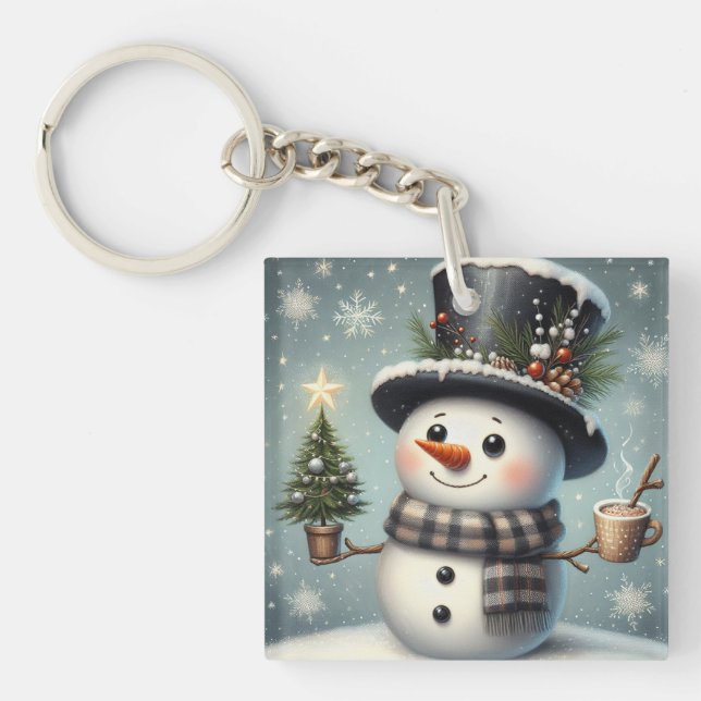 Cute whimiscal Christmas/winter snowman Key Ring (Front)