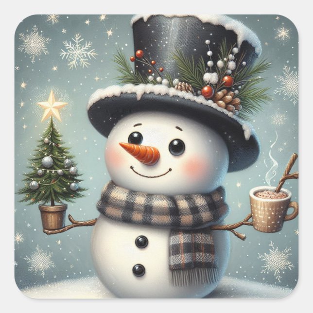 Cute whimiscal Christmas/winter snowman Square Sticker (Front)