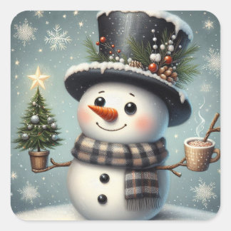 Cute whimiscal Christmas/winter snowman Square Sticker