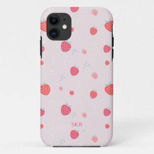 Cute whimisical pink & red strawberry monogram iPhone 11 case