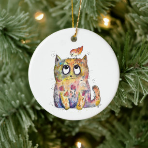Cute Whimsical Annoyed Cat Ceramic Ornament