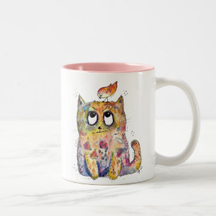 Cute Whimsical Annoyed Cat Two-Tone Coffee Mug