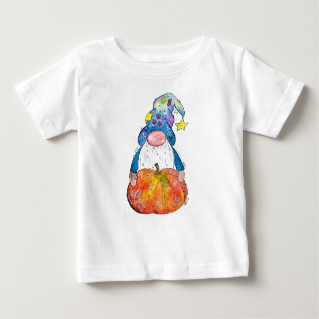 Cute Whimsical Autumn Gnome with Pumpkin Baby T-Shirt (Front)