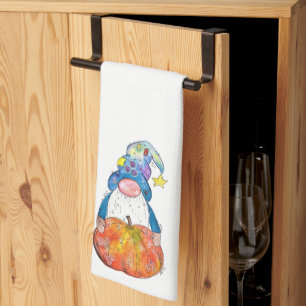 Cute Whimsical Autumn Gnome with Pumpkin Tea Towel