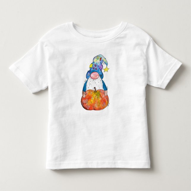 Cute Whimsical Autumn Gnome with Pumpkin Toddler T-Shirt (Front)