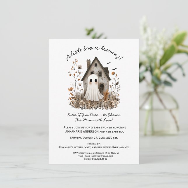 Cute Whimsical Baby Boo is Brewing Baby Shower  Invitation (Standing Front)