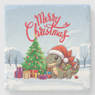 Cute/Whimsical baby Christmas stegosaurus  Stone Coaster