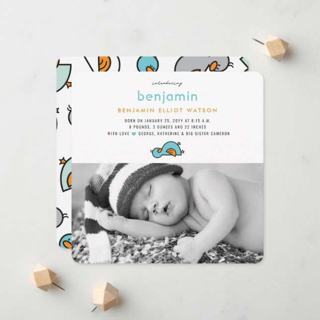 Cute Whimsical Baby Ducklings Baby Boy Photo Birth Announcement (Front/Back In Situ)
