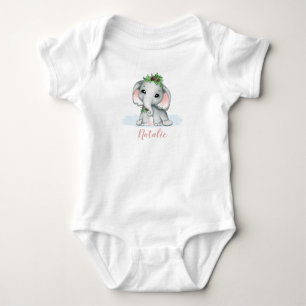 Cute Whimsical Baby Girl Elephant Winter Name Bodysuit