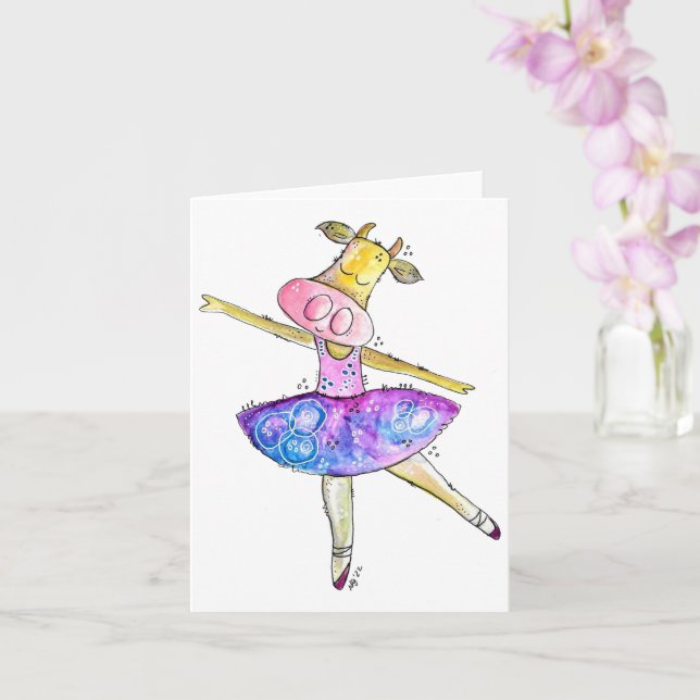 Cute Whimsical Ballerina Cow Card (Orchid)