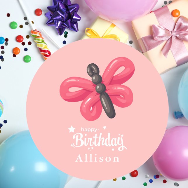 Cute Whimsical Balloon Butterfly Girl Birthday  Classic Round Sticker (Creator Uploaded)