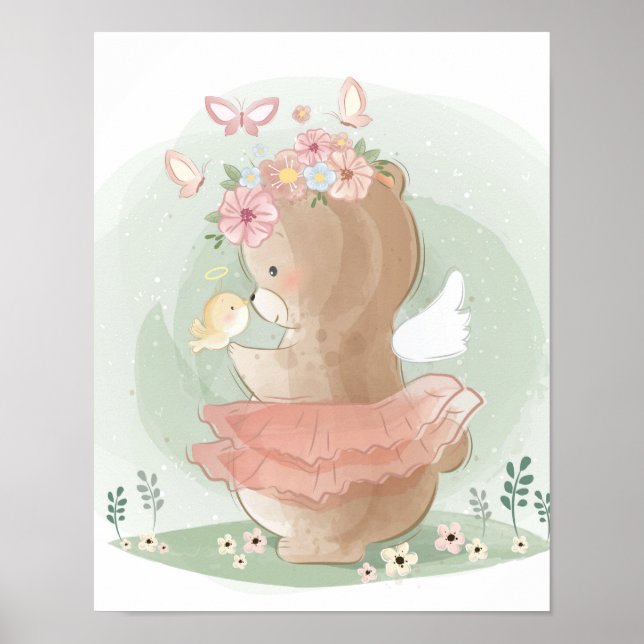  Cute Whimsical Bear Floral Poster (Front)
