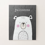 Cute Whimsical Bear Illustration Custom Name Jigsaw Puzzle<br><div class="desc">This charming and playful puzzle showcases a delightful black and white illustration of an adorable bear. Add a personal touch by customizing it with your name in a nostalgic retro typewriter font. Perfect as a unique gift for any occasion!</div>