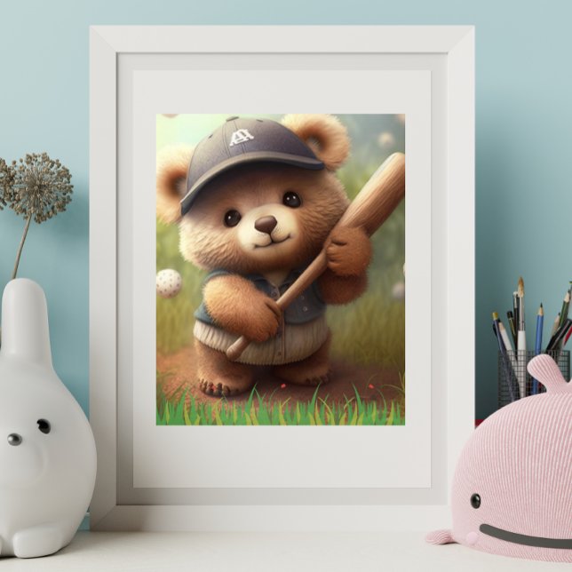 Cute Whimsical Bear Playing Baseball Personalised Poster (Creator Uploaded)