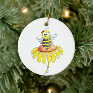 Cute Whimsical Bee on a Flower Ceramic Ornament