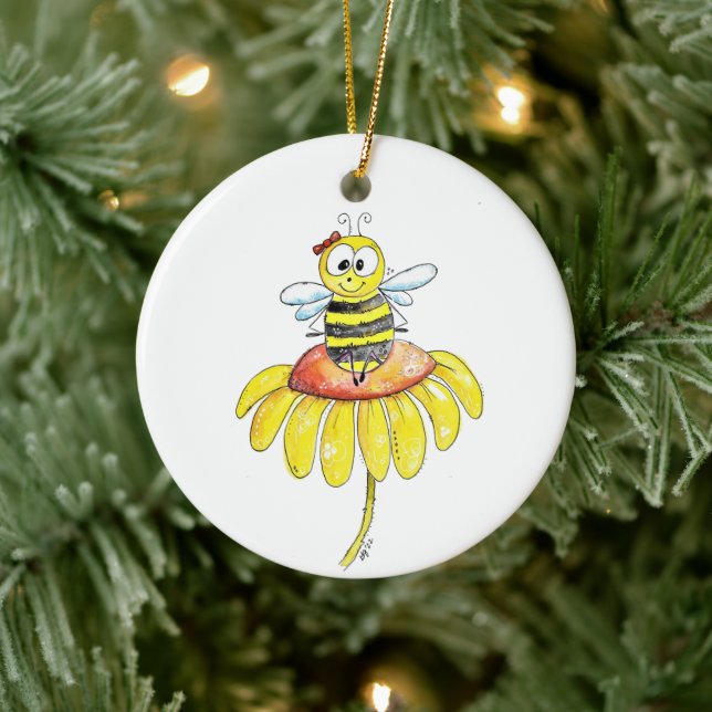 Cute Whimsical Bee on a Flower Ceramic Ornament (Tree)