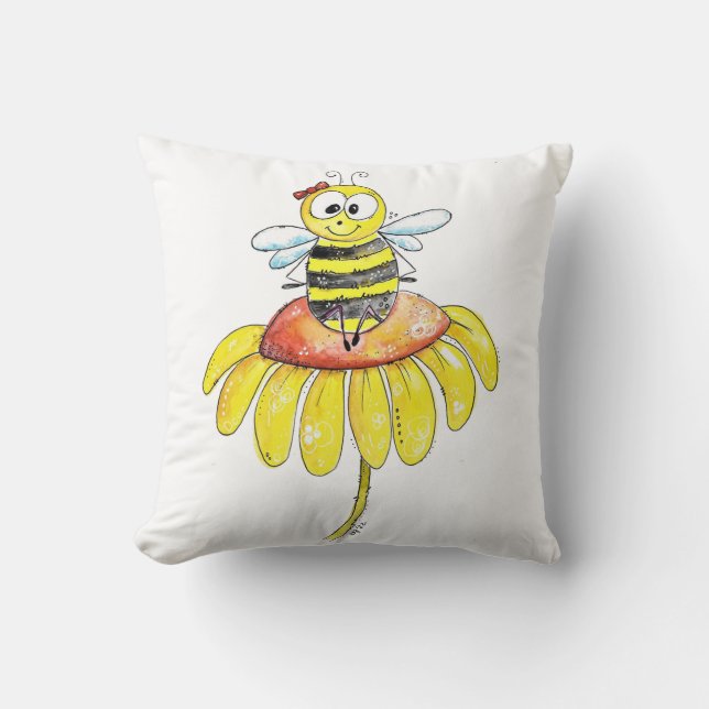 Cute Whimsical Bee on a Flower Cushion (Front)