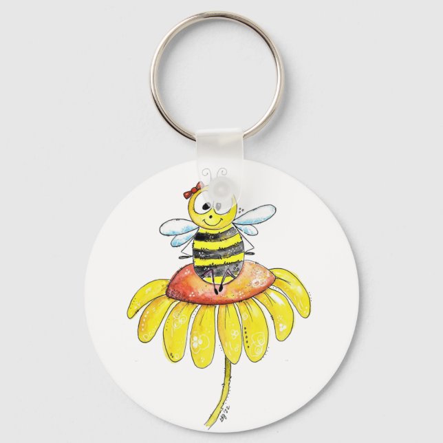 Cute Whimsical Bee on a Flower Key Ring (Front)