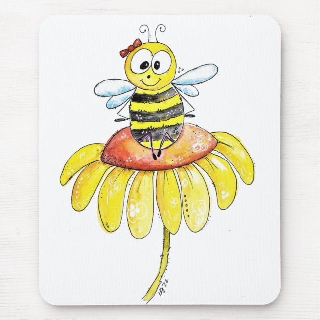 Cute Whimsical Bee on a Flower Mouse Pad (Front)