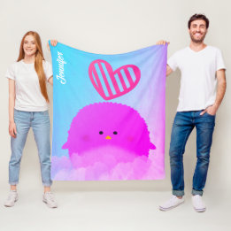 Cute whimsical bird cartoon personalised blue pink fleece blanket