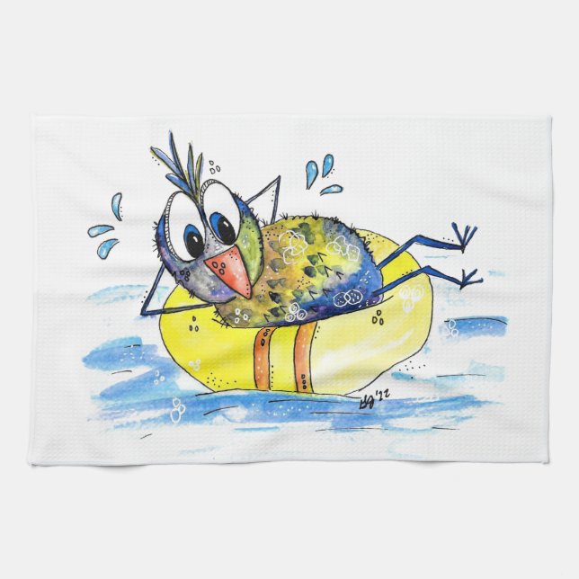 Cute Whimsical Bird on Float Tea Towel (Horizontal)