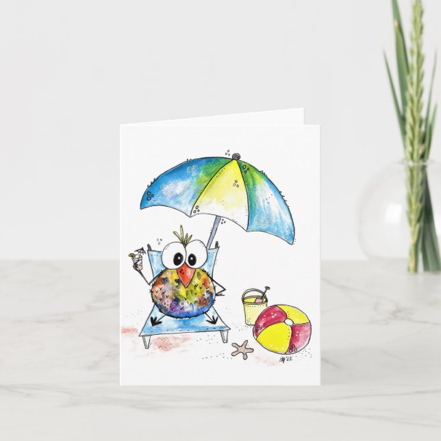 Cute Whimsical Bird on the Beach Card (Front)