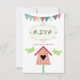 Cute Whimsical Birds And Birdhouse R.S.V.P. RSVP Card