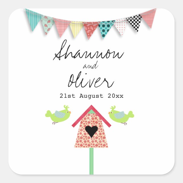 Cute Whimsical Birds And Birdhouse Wedding Favour Square Sticker (Front)